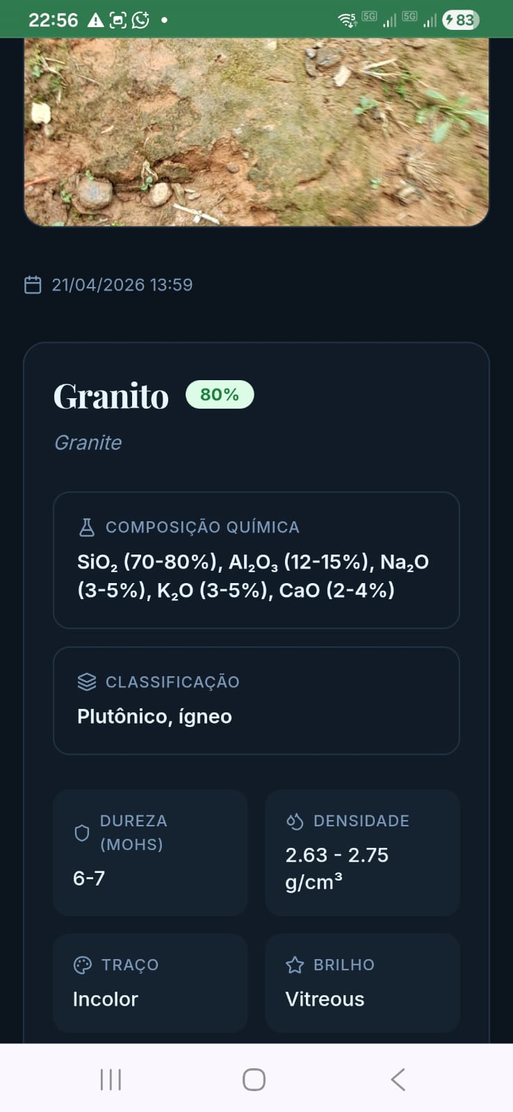 MineralID identificou Granito com 80% de confiança